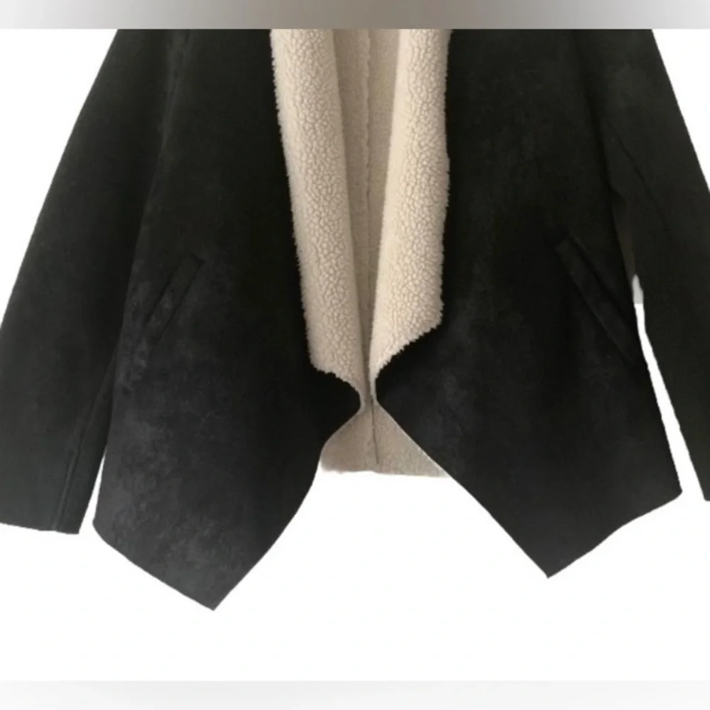 The Kooples Sport Black Suede Sherpa Lined Open Front Jacket Women Sz S Outdoor